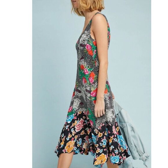 Anthropologie Midi Dress 2 Sleeveless Floral A-Line V-Neck Asymmetric Hem Spring - Picture 2 of 12